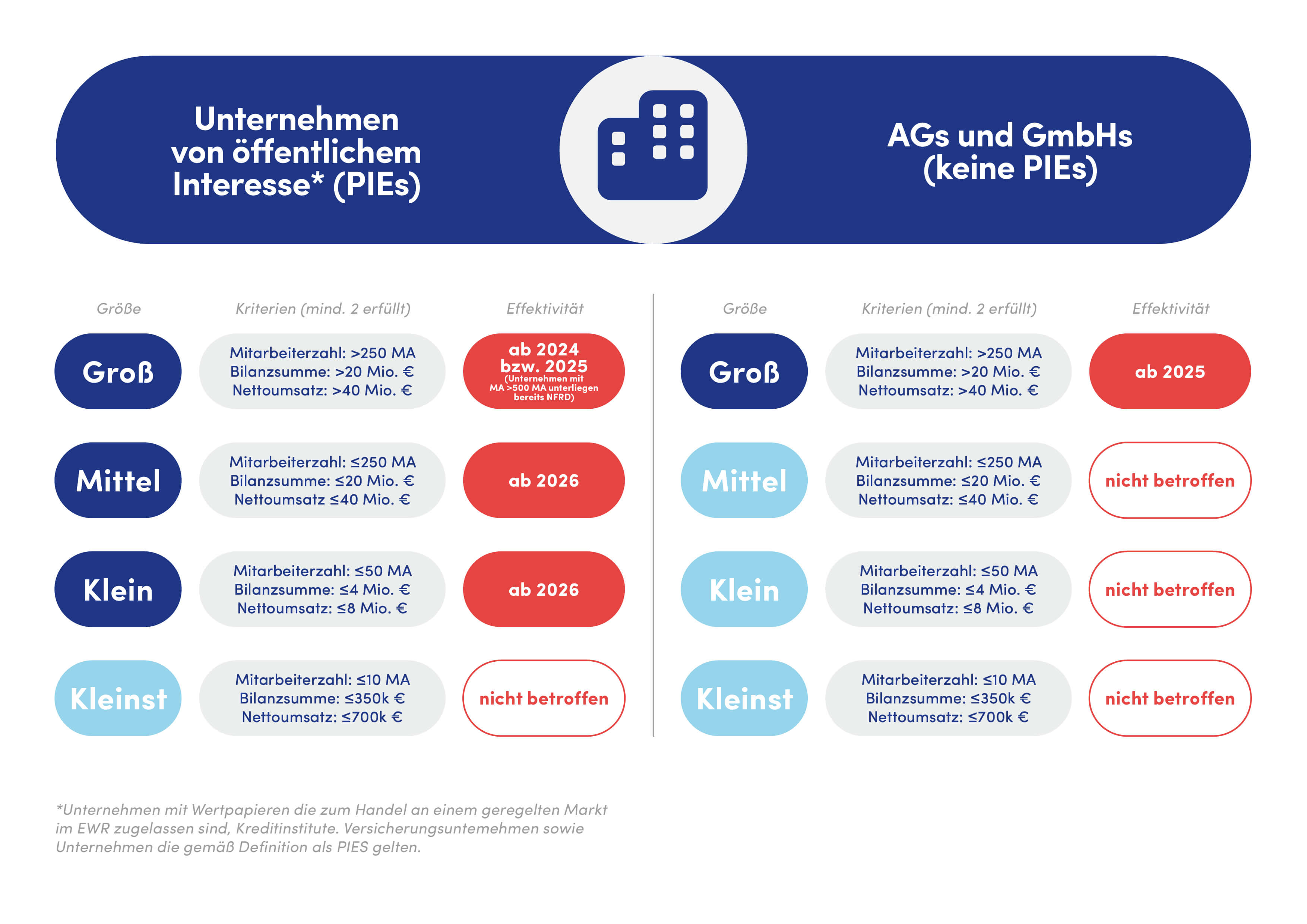 Infografik Kriterien von Unternehmen von öffentlichem Interesse (PIEs) verglichen mit AGs und GmbHs (keine PIEs) geordnet nach den Unternehmengrößen Groß, Mittel, Klein und Kleinst