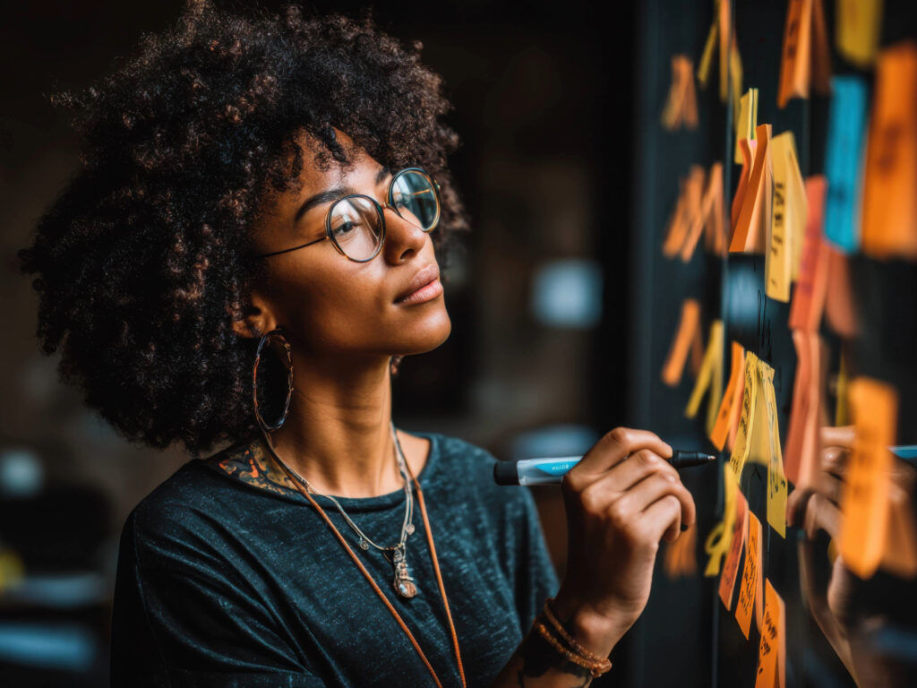 Frau mit Brille schreibt eine Notiz auf eine Glaswand, an der viele farbige Klebezettel hängen.