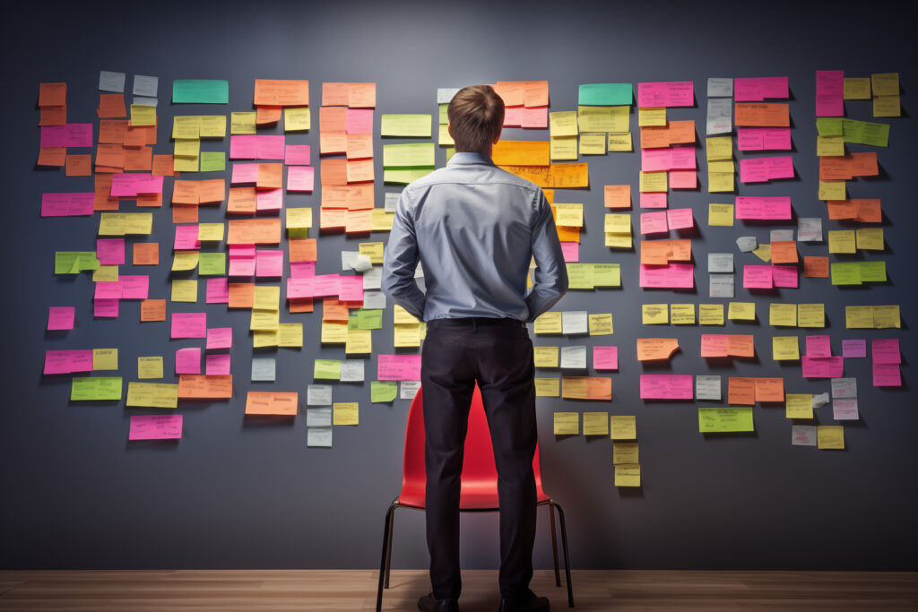 Ein Mann steht vor einer großen grauen Tafel die mit etlichen Post-Its beklebt ist.