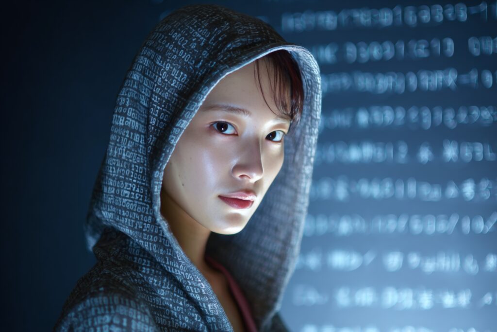 Eine Frau mit Kapuze. Im Hintergrund Schriftzeichen auf einer Wand, die wie Programmierung aussehen. Das Bild steht symbolhaft für Hacker.
