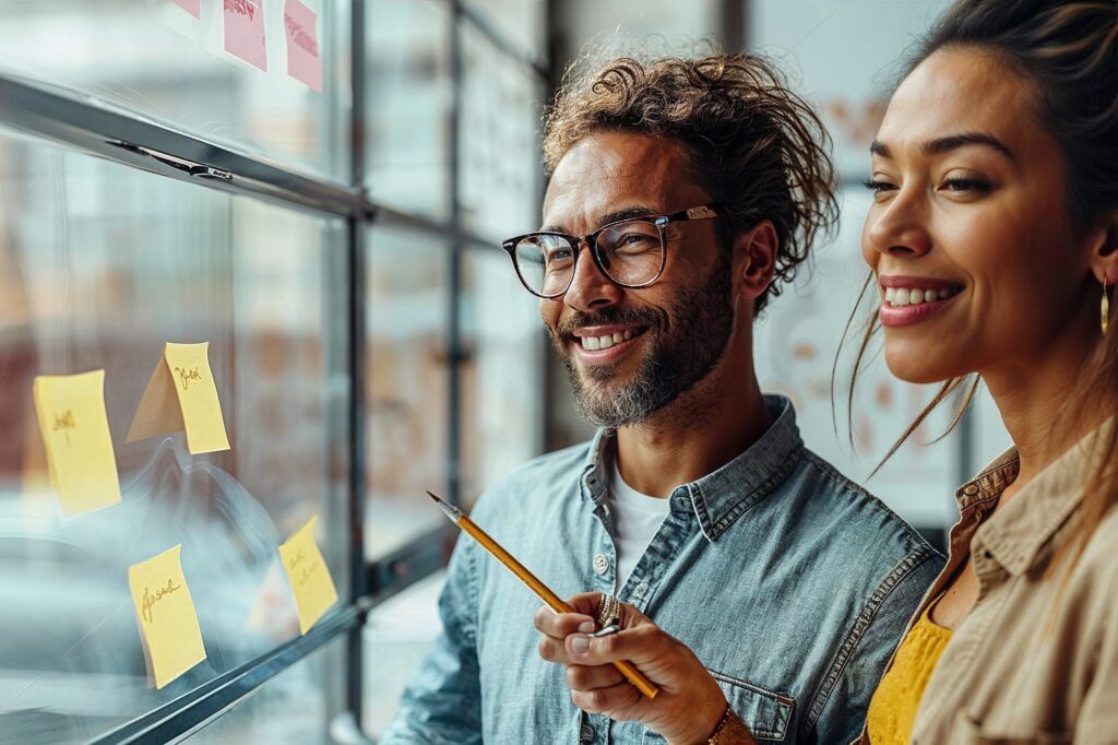 Ein Mann und eine Frau stehen vor einem Fenster, das mit Post-Its beklebt ist und sprechen miteinander.