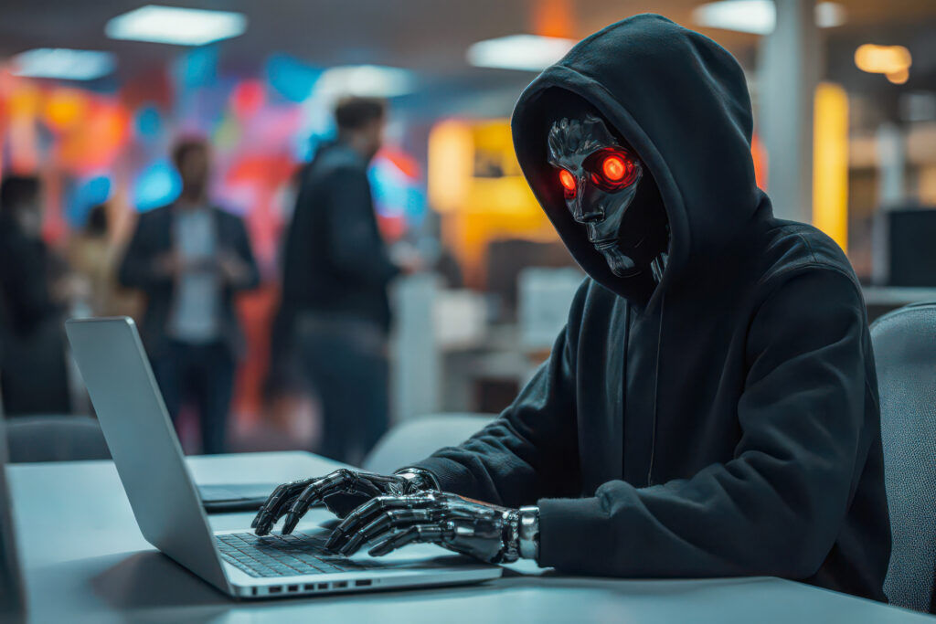 Ein Roboter sitzt an einem Tisch vor einem Laptop. Er trägt einen schwarzen Hoodie, womit die Anspielung auf einen Hacker hingedeutet wird.