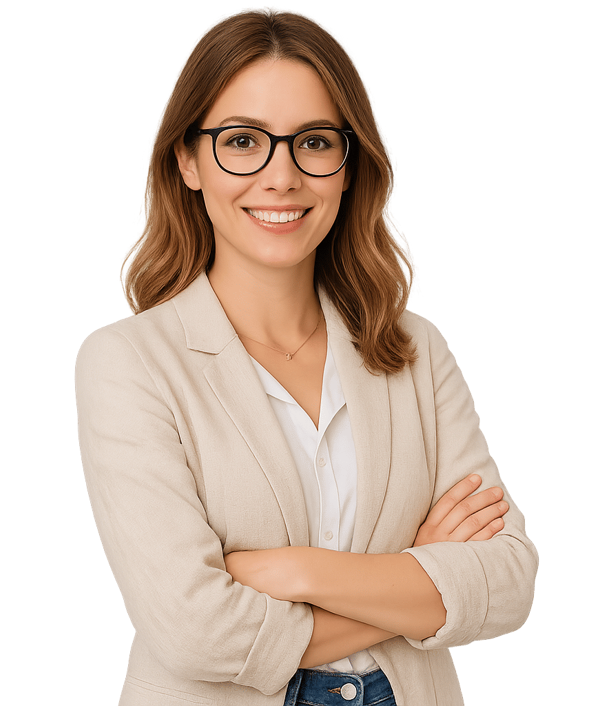 Eine braunhaarige lächelnde Frau Ende 20 mit verschränkten Armen.