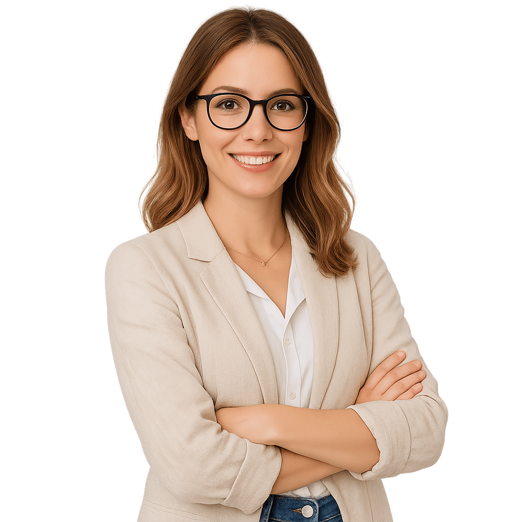 Eine braunhaarige lächelnde Frau Ende 20 mit verschränkten Armen.