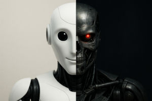 Ein zeigeteiltes Bild. Links die rechte Gesichtshälfte eines weißen freundlichen Roboters, rechts die linke Gesichtshälfte eine skellettartigen dunklen Roboters mit roten Augen. Die beiden Gesichtshälften treffen sich in der Mitte des Bildes.