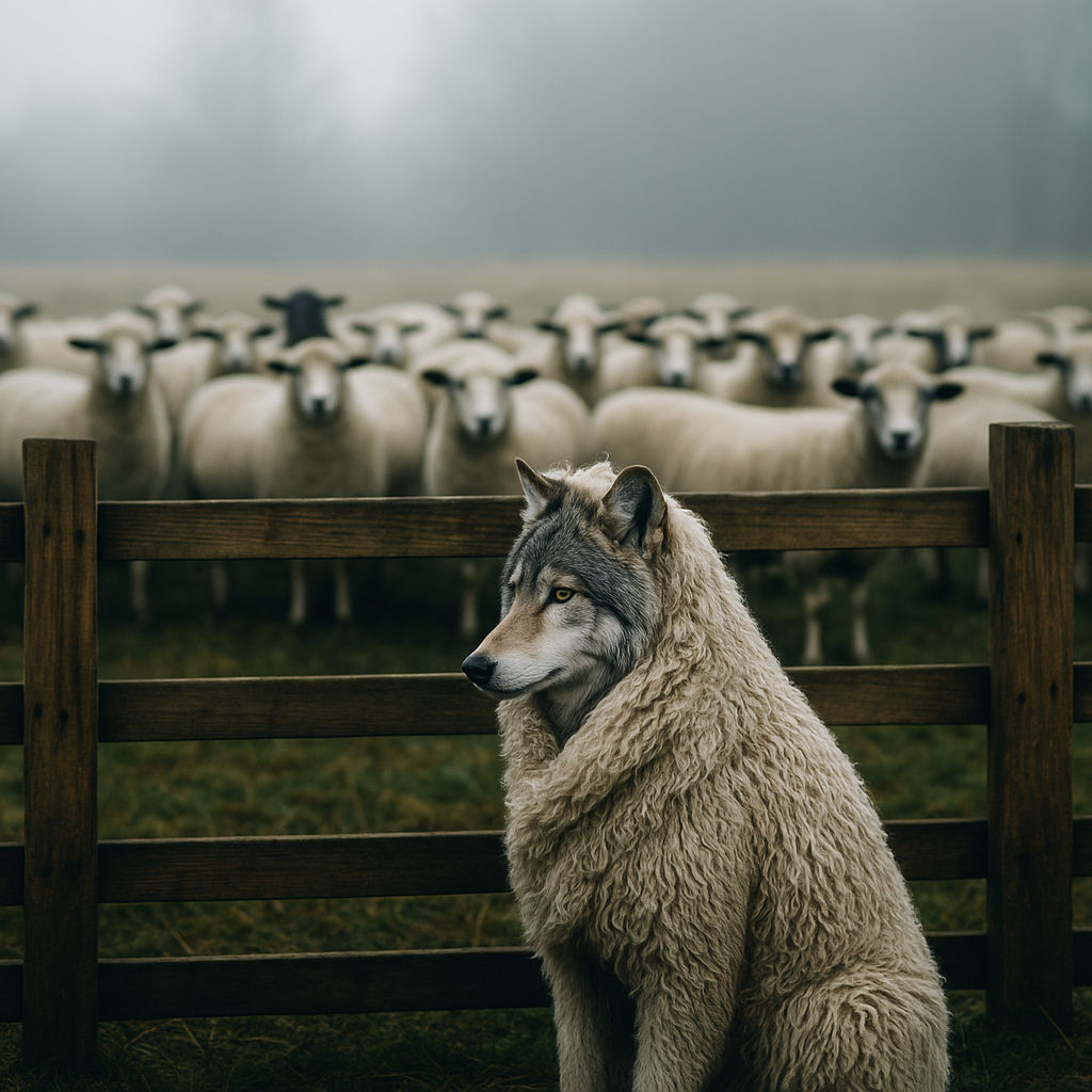 Ein Wolf im Schafspelz und eine Schafherde – getrennt durch einen Holzzaun