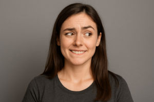 Eine dunkelhaarige Frau mit verschmitztem Gesichtsausdruck beißt sich auf die Lippen.