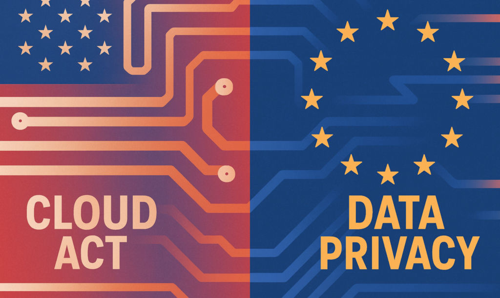 Die US-Flagge und die EU-Flagge stehen sich gegenüber. Zwischen ihnen werden Linien als Datenflüsse dargestellt.