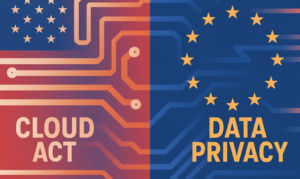 Die US-Flagge und die EU-Flagge stehen sich gegenüber. Zwischen ihnen werden Linien als Datenflüsse dargestellt.