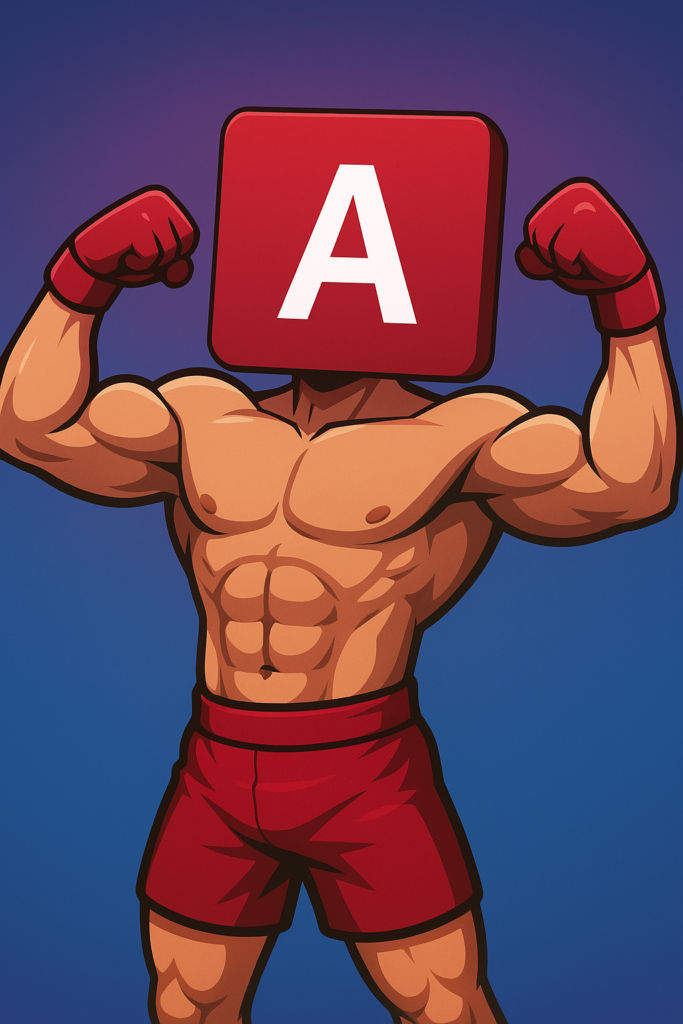 Comichafte Darstellung eines Boxers mit dem Accesslogo statt einem Kopf. Der Boxer posiert muskelzuckend.