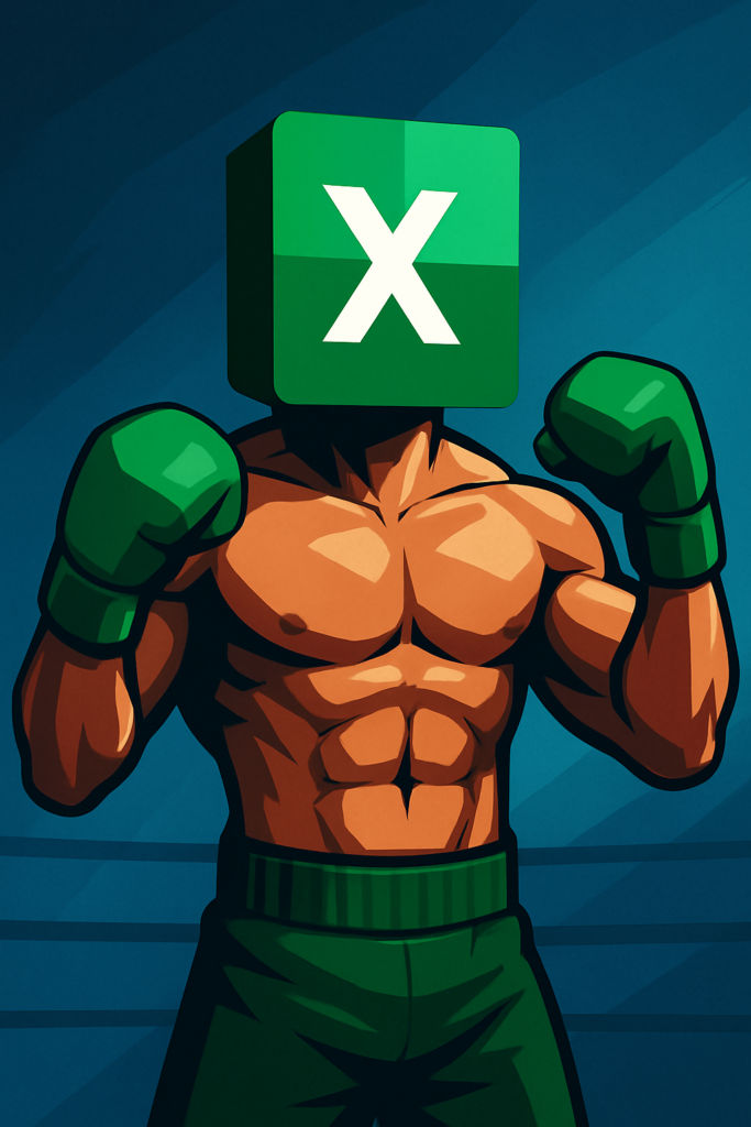 Comichafte Darstellung eines Boxers mit dem Excellogo statt einem Kopf. Der Boxer posiert muskelzuckend.
