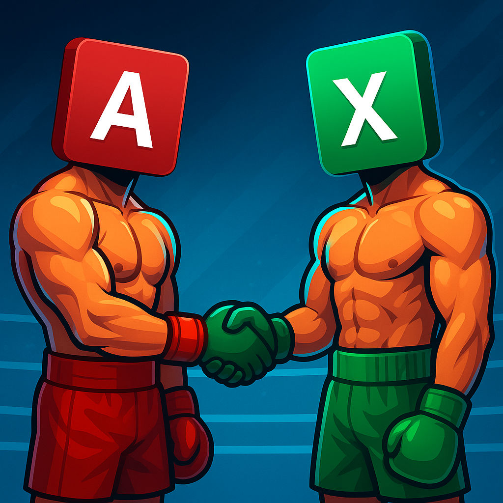 Comichafte Darstellung von zwei Boxern, die sich gegenüberstehen und die Hände schütteln. Sie haben keine echten Köpfe, sondern stattdessen die Logos von Microsoft Access und Microsoft Excel.