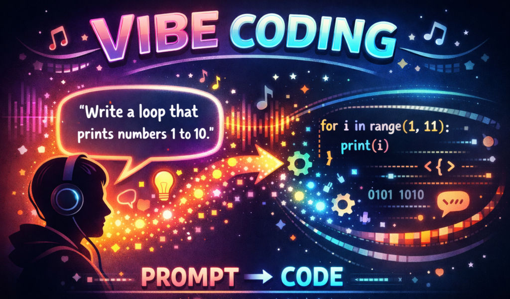 Symbolhafte Darstellung von Vibe Coding: auf der linken Seite ein Prompt, auf der rechten Seite der generierte Programmiercode.