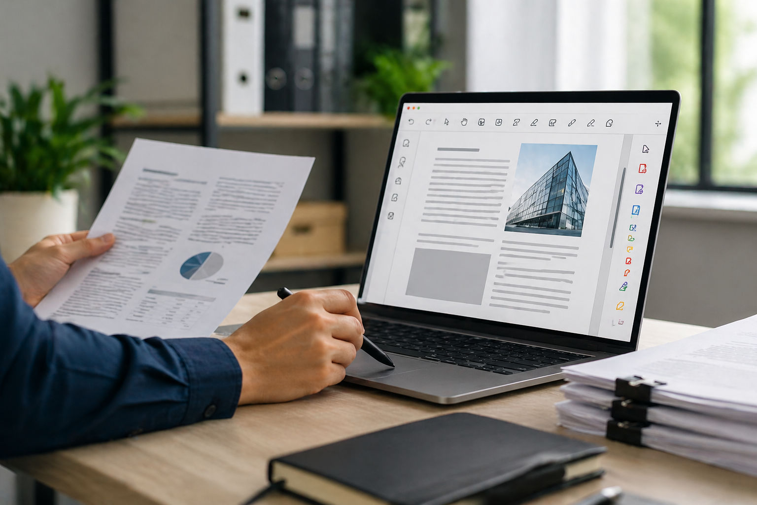 Adobe Acrobat läuft auf einem Laptop Screen. Eine Person hält ein Dokument in der Hand.