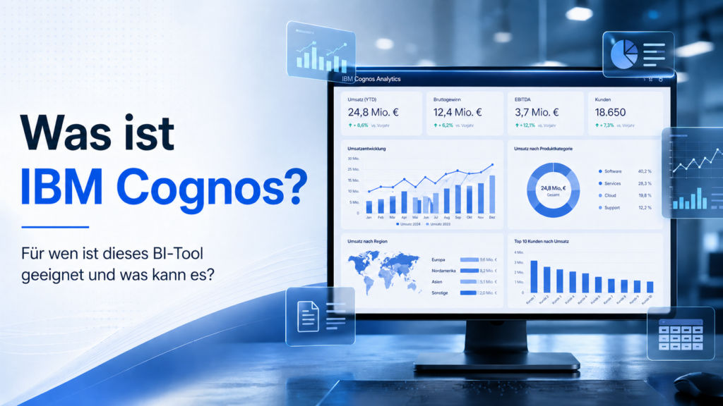Illustration mit einem PC-Monitor auf dem ein Analyseprogramm läuft zum Thema "Was ist IBM Cognos?"
