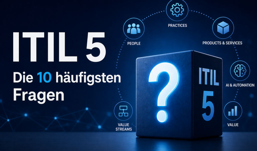 Ein Würfel auf dem ein Fragezeichen sowie "ITIL 5" geschrieben steht