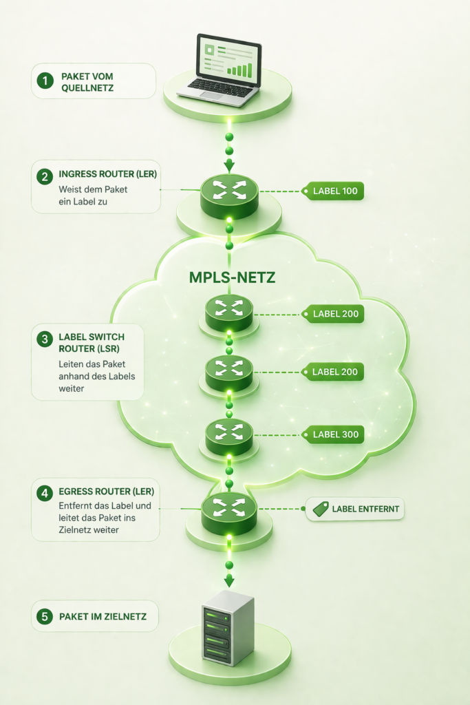 Ein Diagramm, das die Funktionsweise von MPLS erklärt