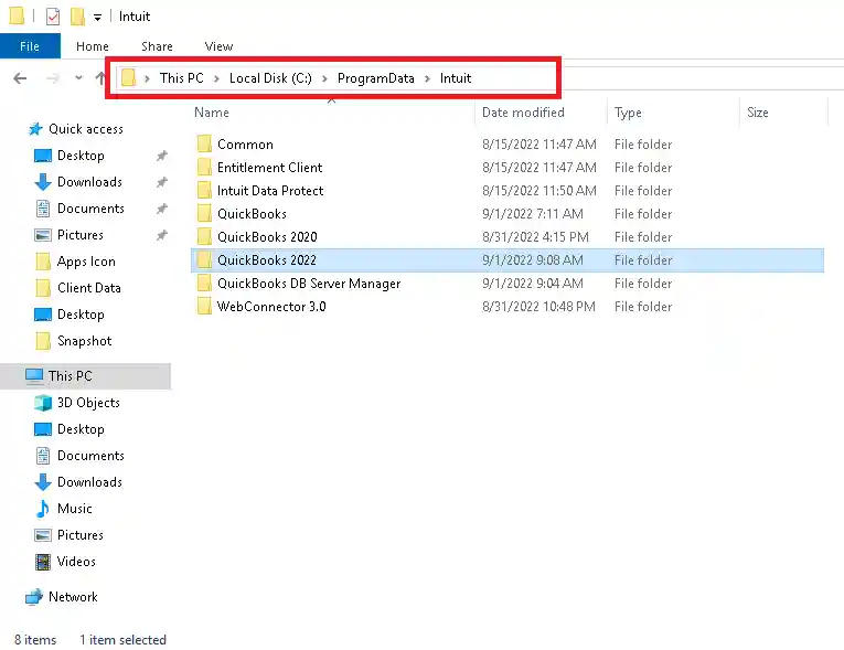 QuickBooks 2022 folder