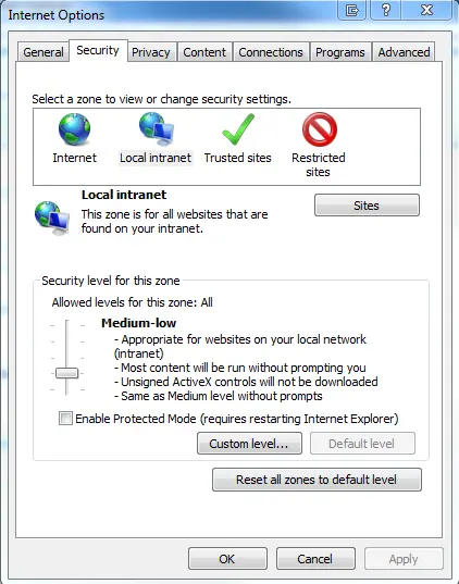 Choose the Local Intranet icon