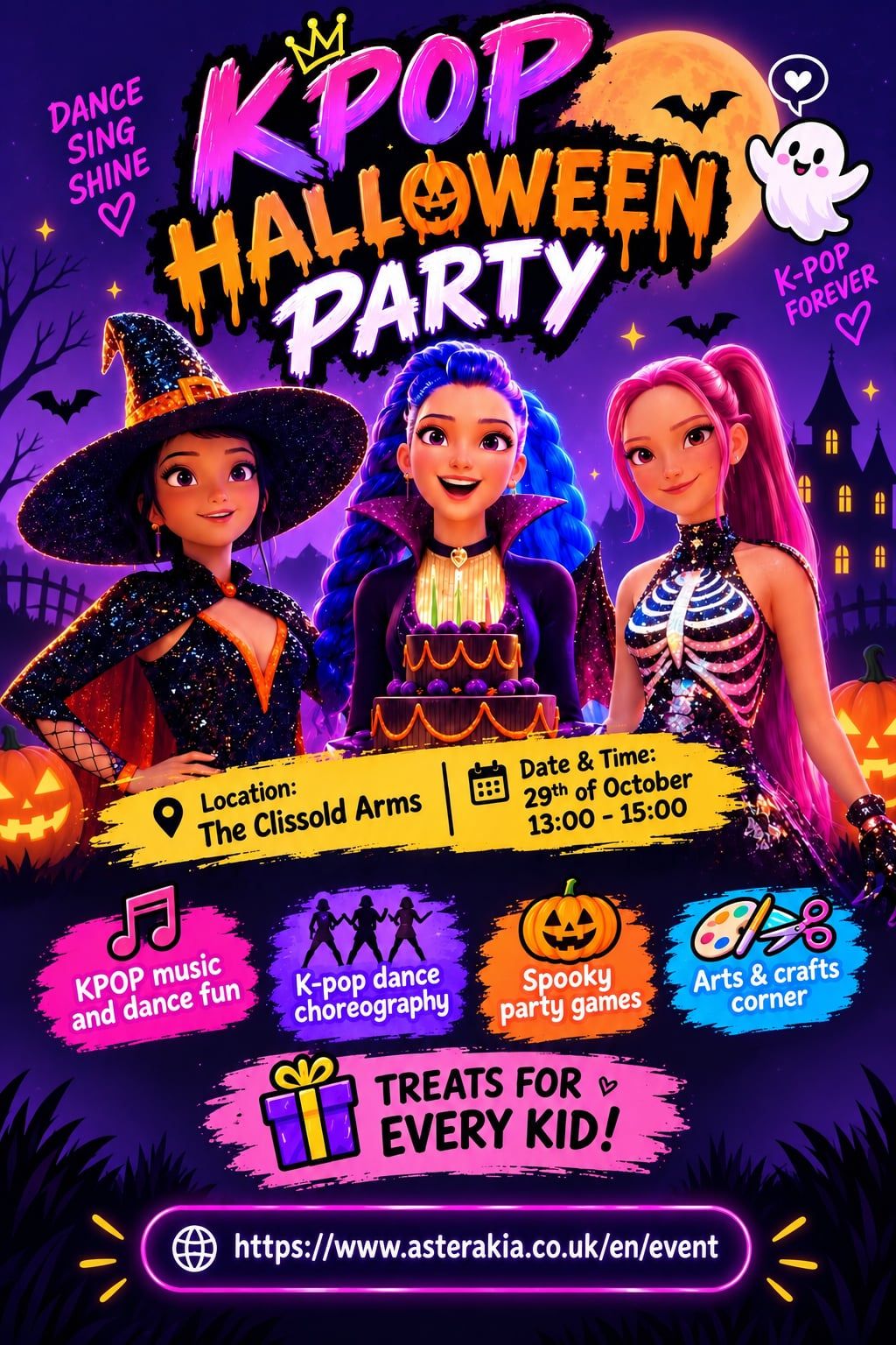 KPOP Halloween Party at The Clissold Arms, 29 October, 13:00–15:00. Music, dance, games, arts and crafts, and a treat for every child.