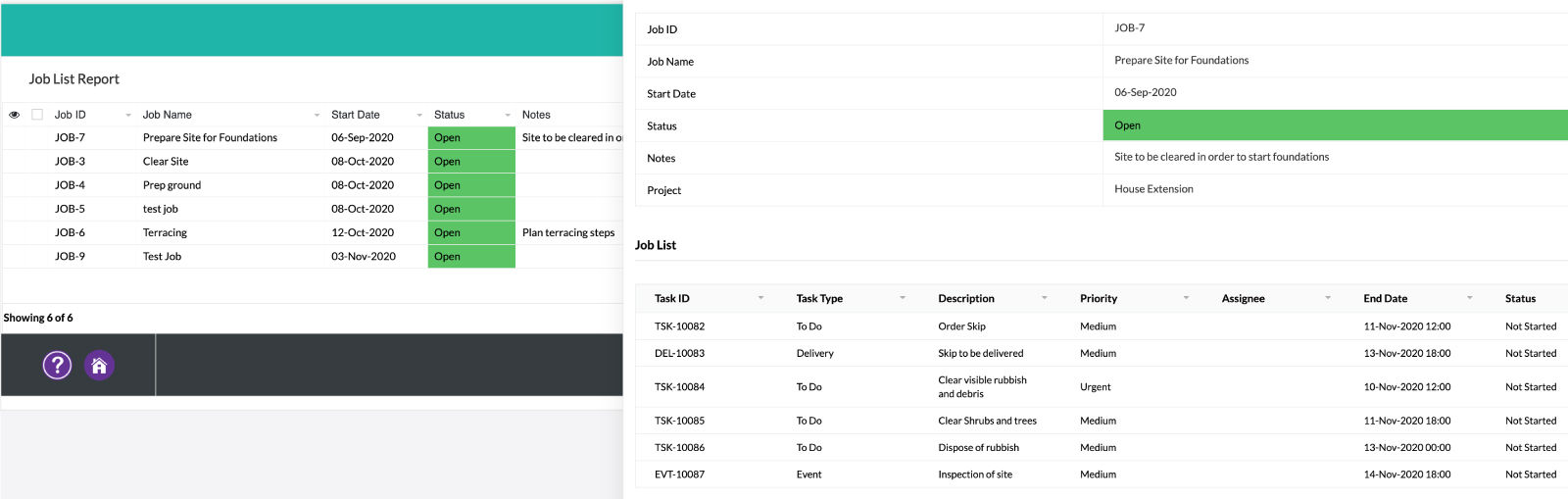 Example of job management for house projects showing job breakdown and job lists