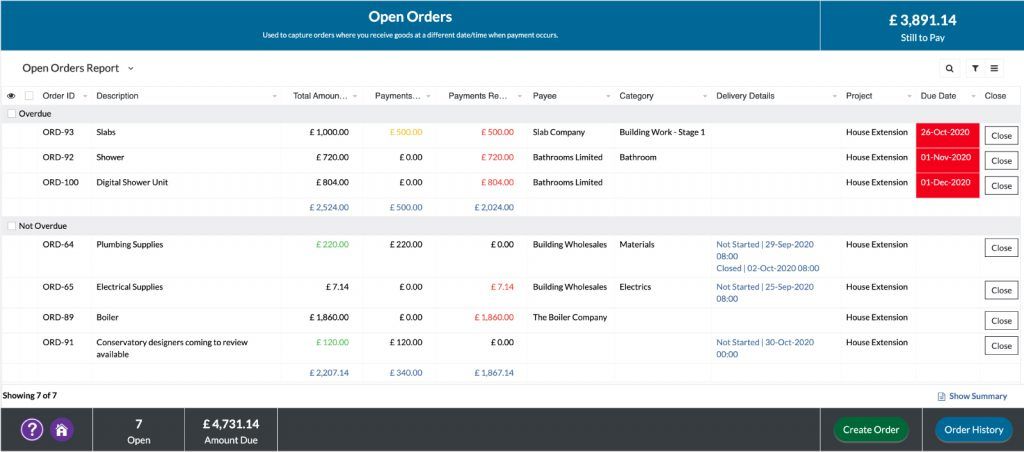 Project orders list example