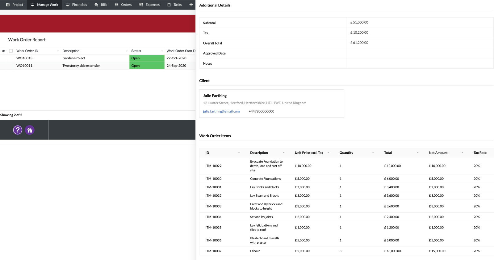 Screenshot of work lists and itemised breakdown of work items with costs and quantity