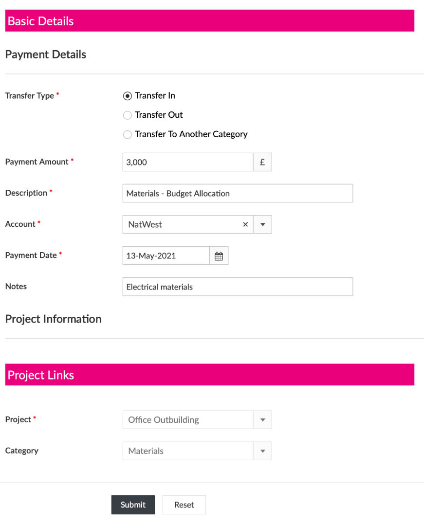 Screenshot of recording payment to fund a category