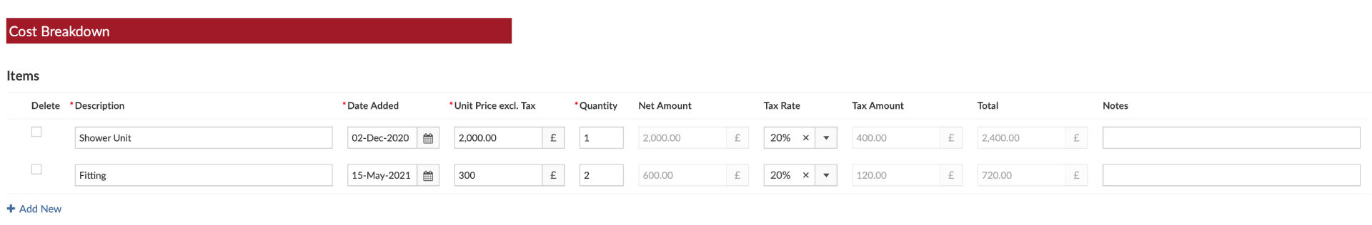 Screenshot of items with unit cost and tax amounts