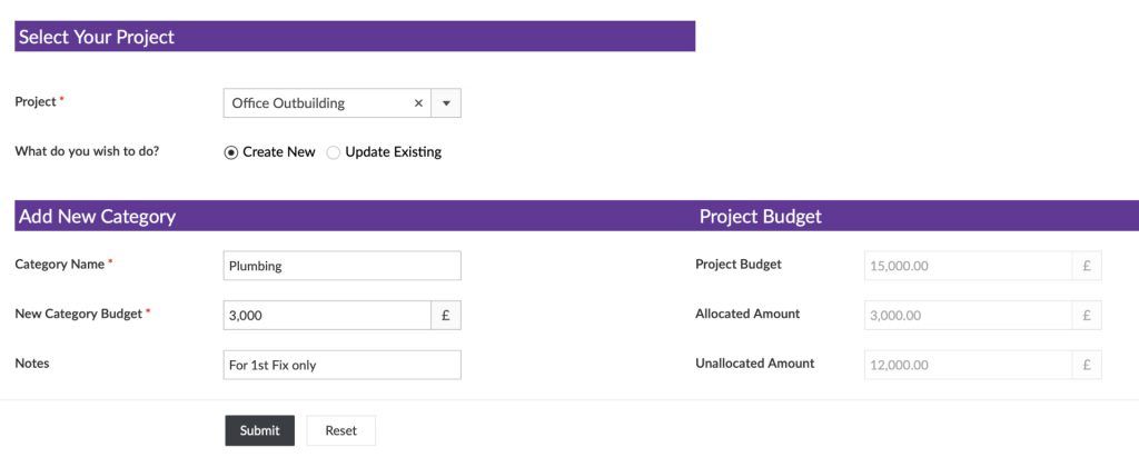 Screenshot of entering a new budget category for the project