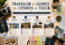 Trafalgar vs. Globus vs. Cosmos vs. Tauck: The Complete Tour Operator Comparison Comparison showing Trafalgar, Globus, Cosmos, and Tauck guided tour operators with travel planning items including a passport, camera, European map, and comparison cards to help travelers choose the best escorted tour company.