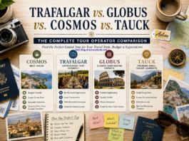 Trafalgar vs. Globus vs. Cosmos vs. Tauck: The Complete Tour Operator Comparison Comparison showing Trafalgar, Globus, Cosmos, and Tauck guided tour operators with travel planning items including a passport, camera, European map, and comparison cards to help travelers choose the best escorted tour company.