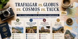 Trafalgar vs. Globus vs. Cosmos vs. Tauck: The Complete Tour Operator Comparison Comparison showing Trafalgar, Globus, Cosmos, and Tauck guided tour operators with travel planning items including a passport, camera, European map, and comparison cards to help travelers choose the best escorted tour company.