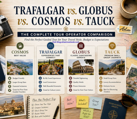 Trafalgar vs. Globus vs. Cosmos vs. Tauck: The Complete Tour Operator Comparison Comparison showing Trafalgar, Globus, Cosmos, and Tauck guided tour operators with travel planning items including a passport, camera, European map, and comparison cards to help travelers choose the best escorted tour company.