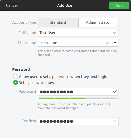 Ubuntu Add User Dialog