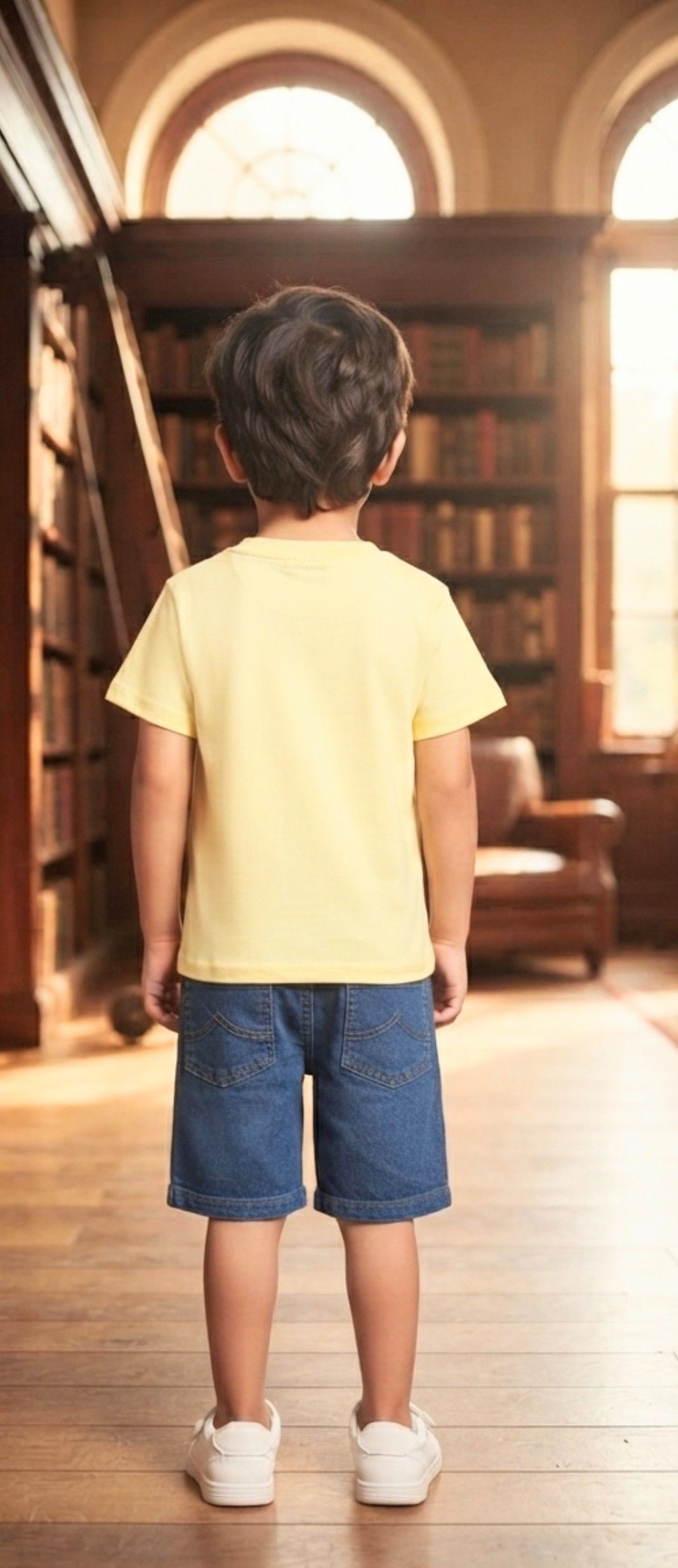 Boy's summer premium co-ord set with light yellow cotten T-shirt and denim shorts.