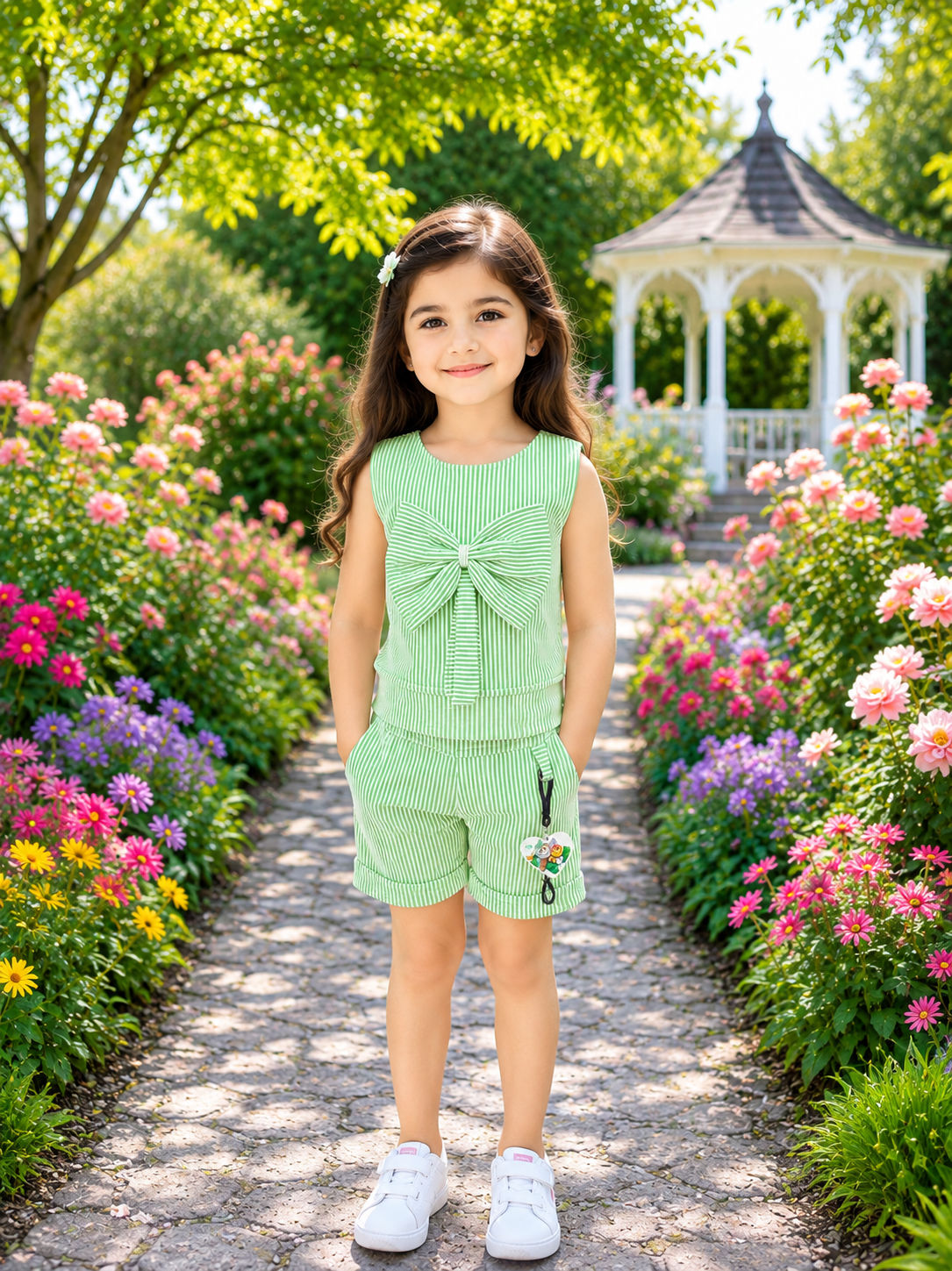 Girl's parrot green two piece co-ord set with bow patch