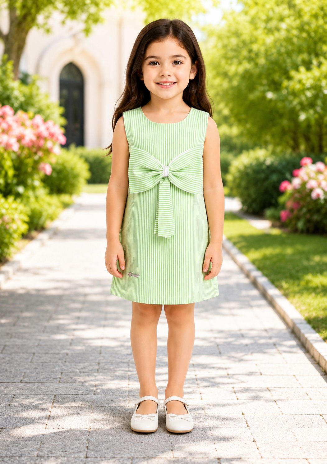 Girls Green midi dress with bow 
