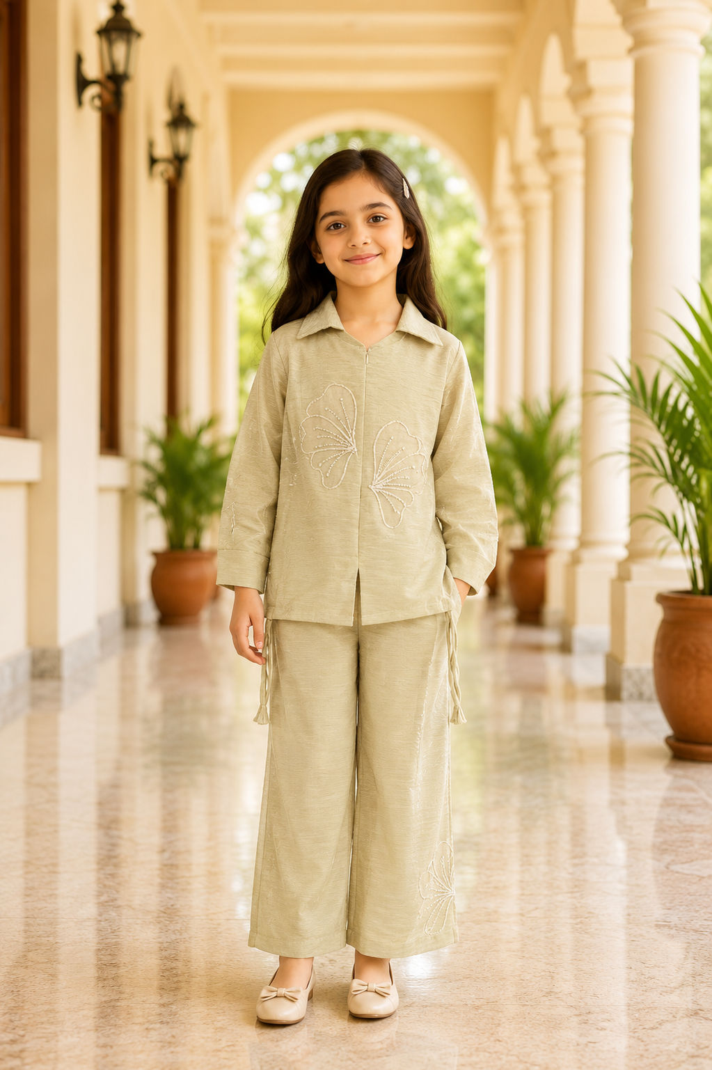 Girl's stylish Golden synthetic cotton co-ord set 