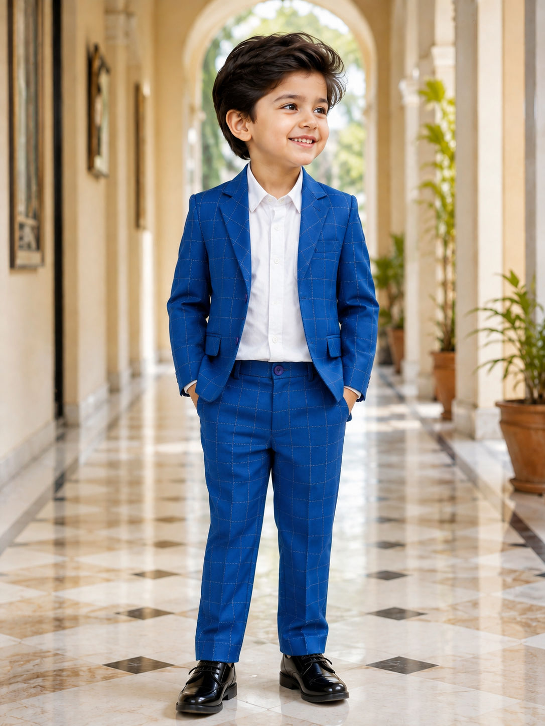 Boy's navy blue blazer pant set in check