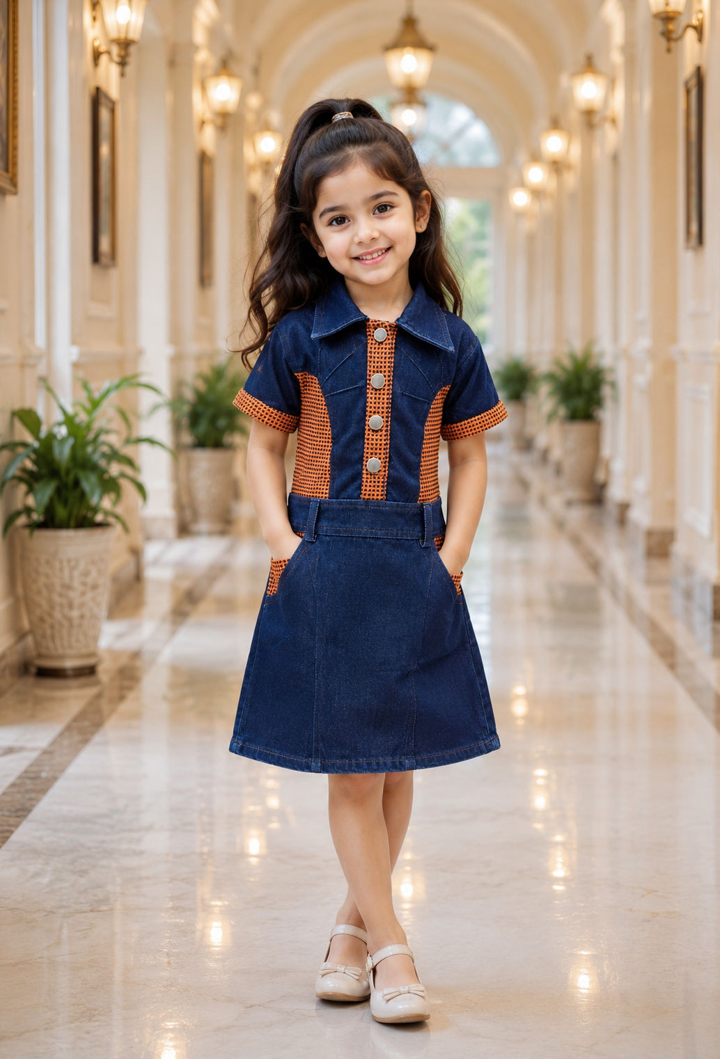 Girl's orange soft denim party wear midi dress 