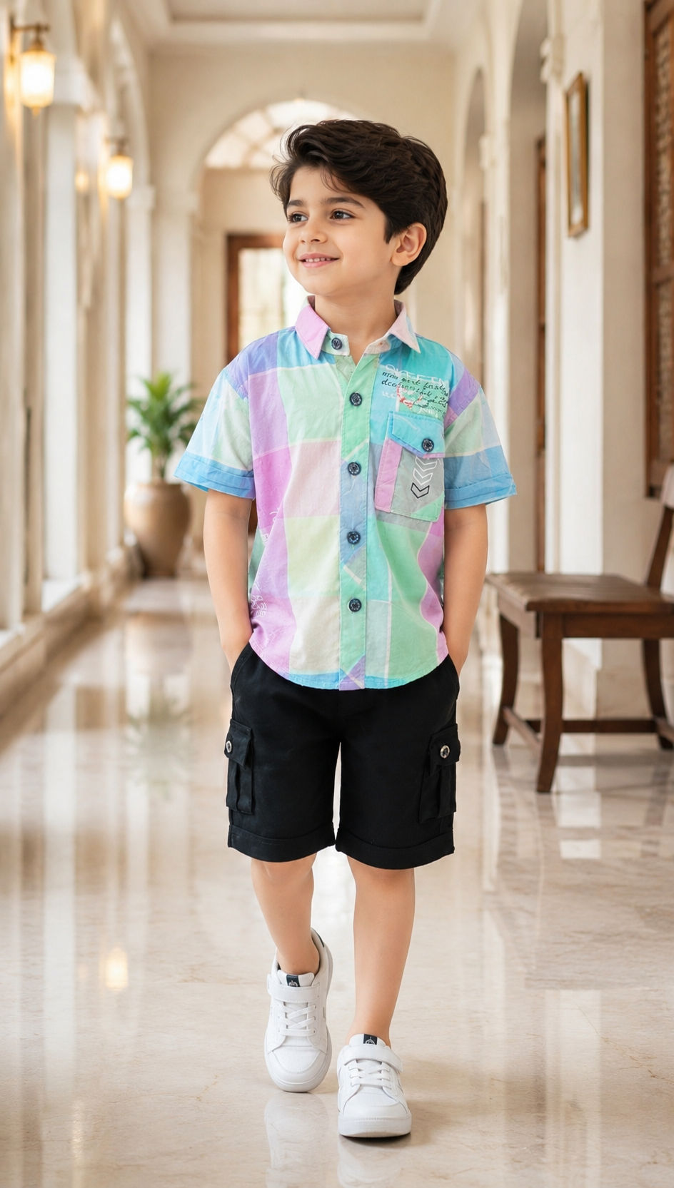 Boy's summer co-ord set with Check shirt and RFD shorts 
