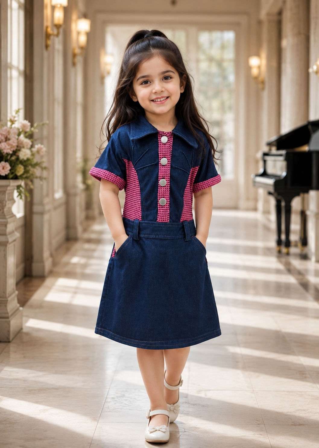 Girl's pink soft denim party wear midi dress 