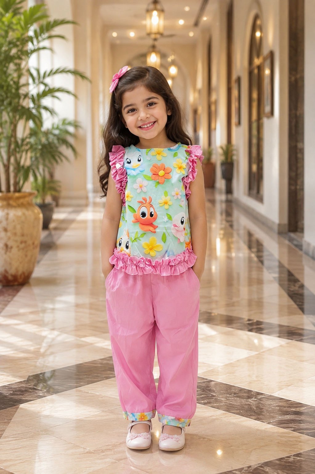 Girl's korean imported co-ord with floral print 