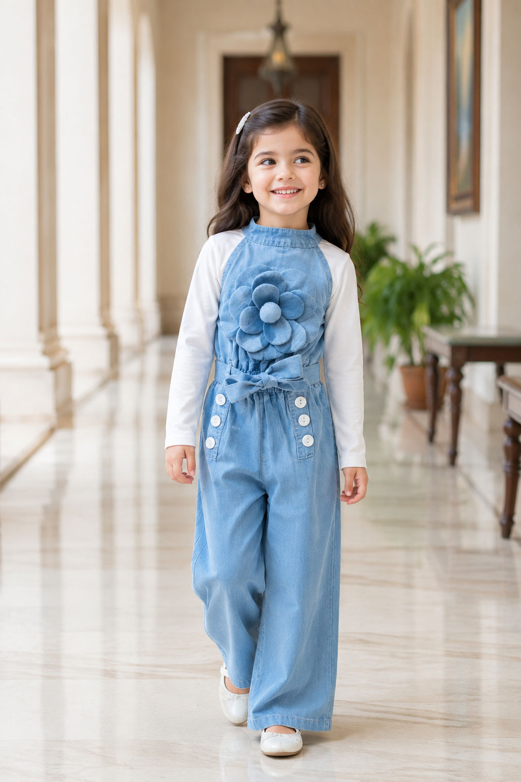 Girl's soft denim jumpsuit with beautiful flower patch 
