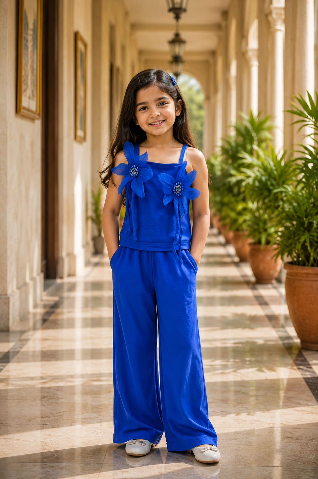 Girl's Blue floral patch party wear co-ord set 