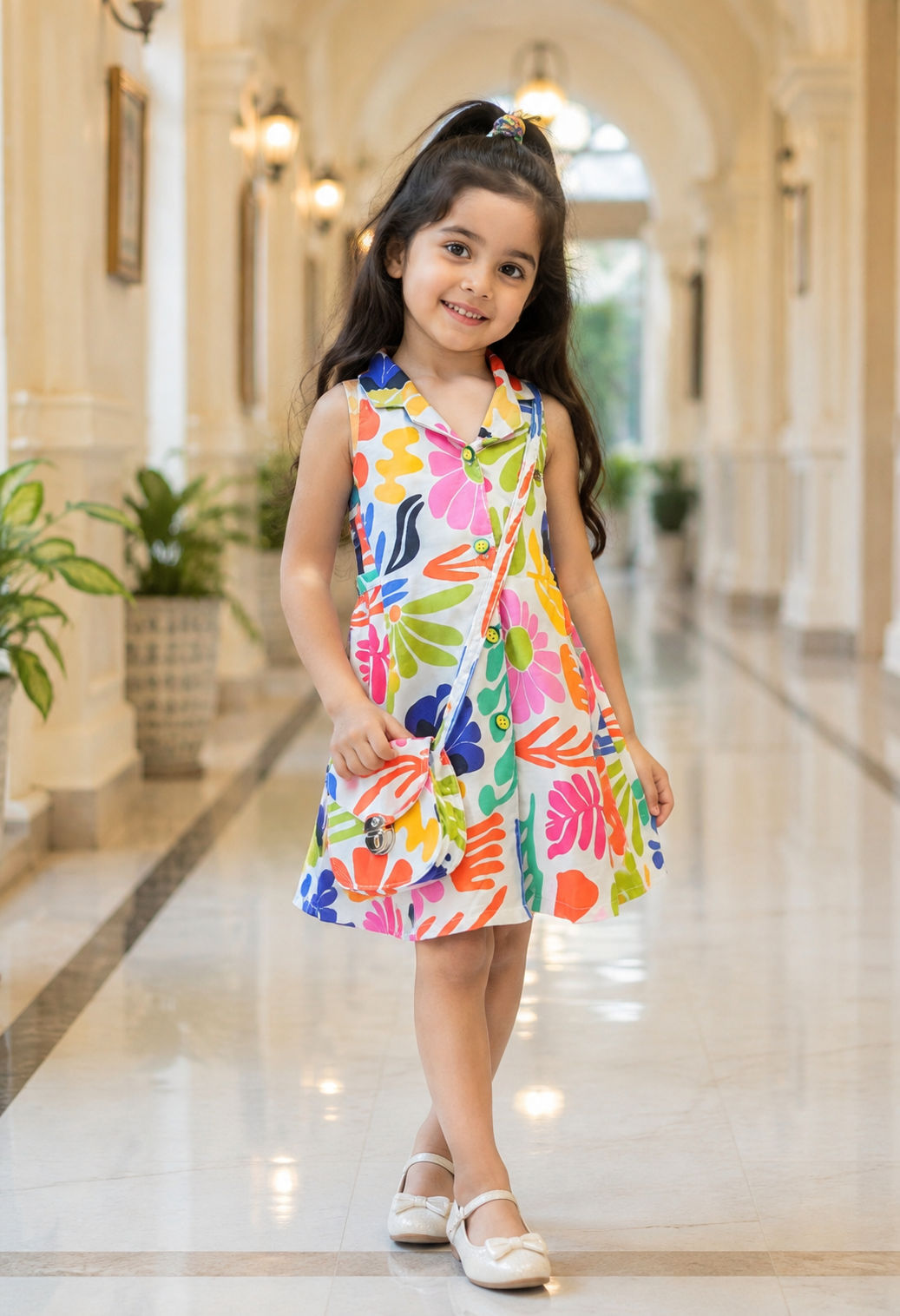 Girl's multicolour premium midi dress with purse 