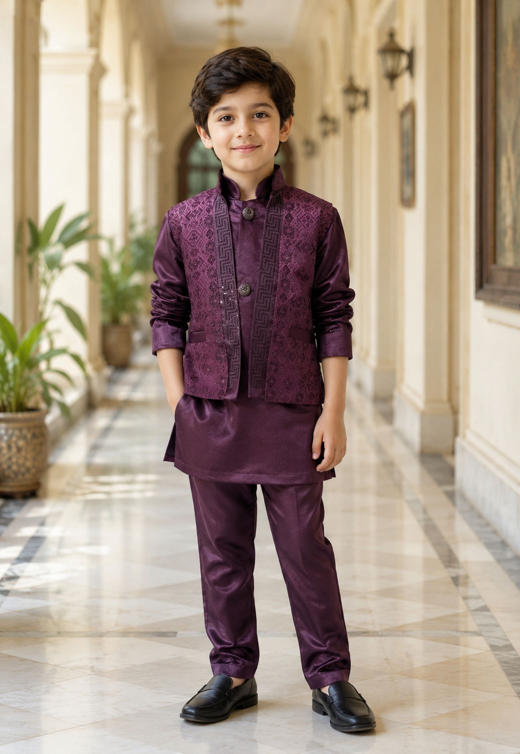 Boy's wine colour Indo-western 3 piece set