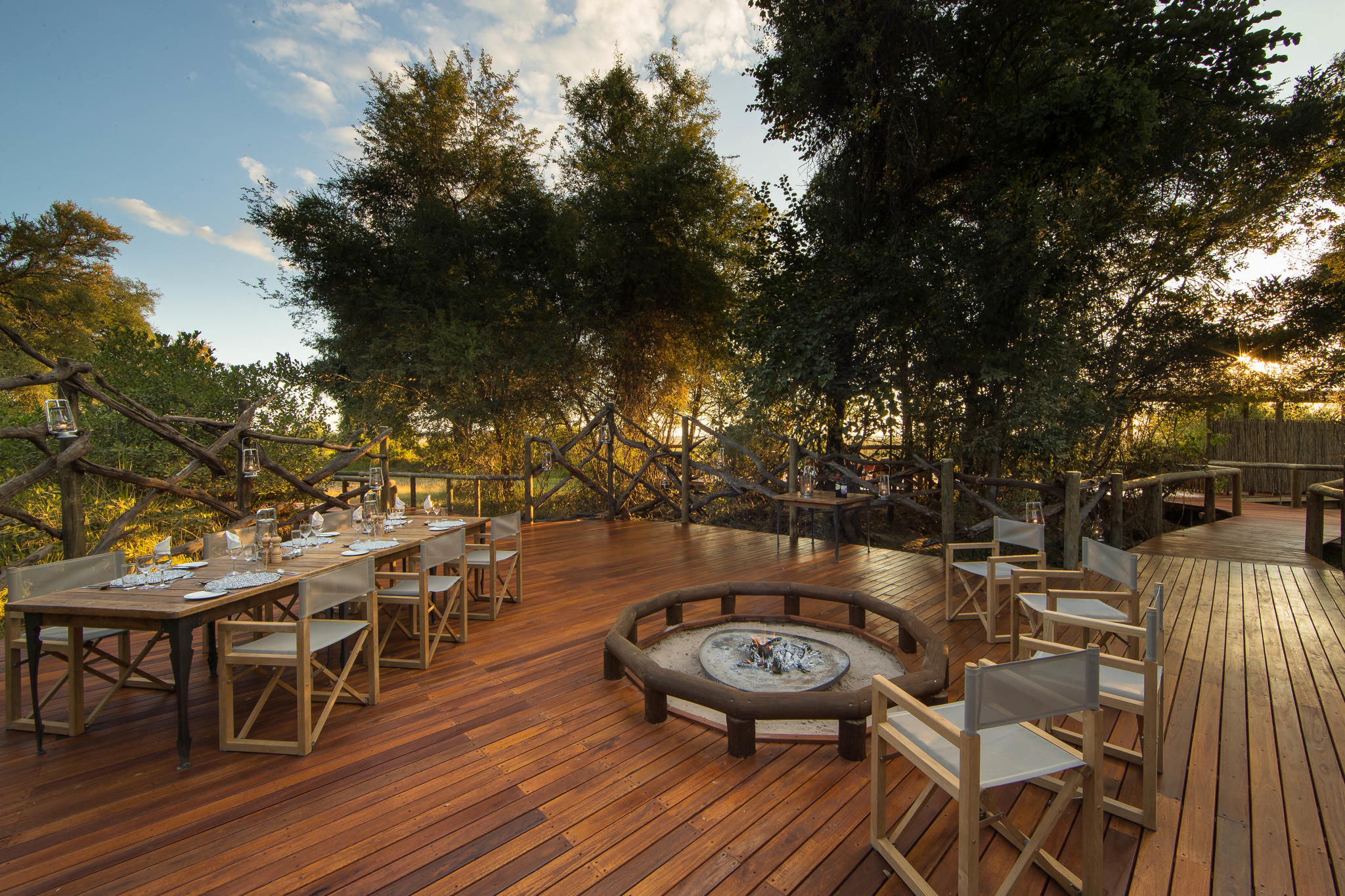 Camp Moremi deck with fire area