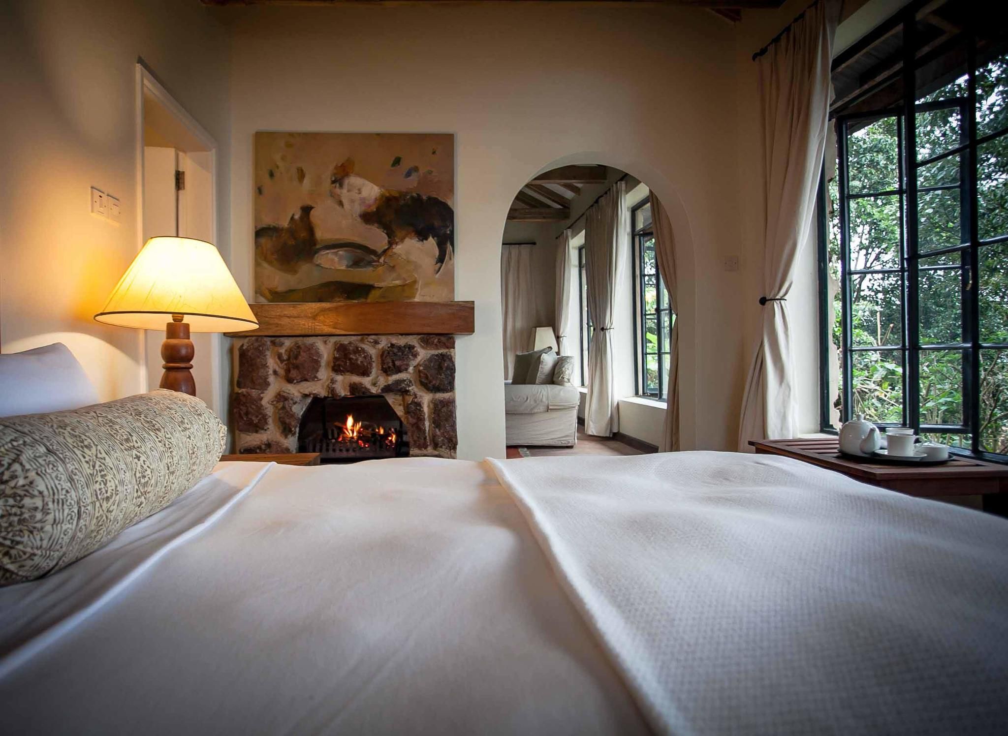 Cozy fireside bed in the Clouds cottages